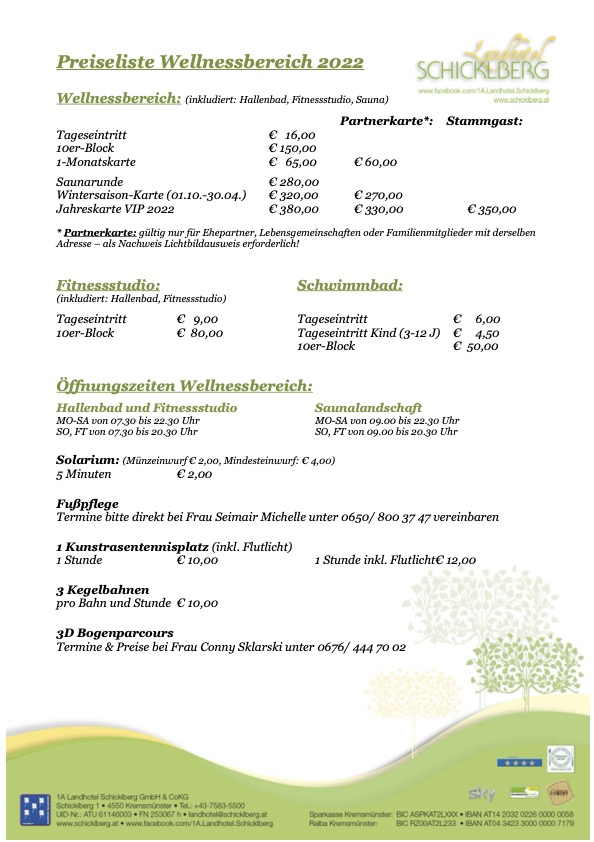Preisliste Fitnesstudio